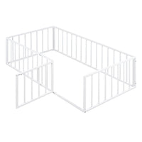 Twin Size Metal Floor Bed for Kids, Twin Montessori Bed Frame with Fence and Door, Twin Playhouse Bed with Door Design, Kids Fence Bed Playpen Bed for Boys ,Girls, White