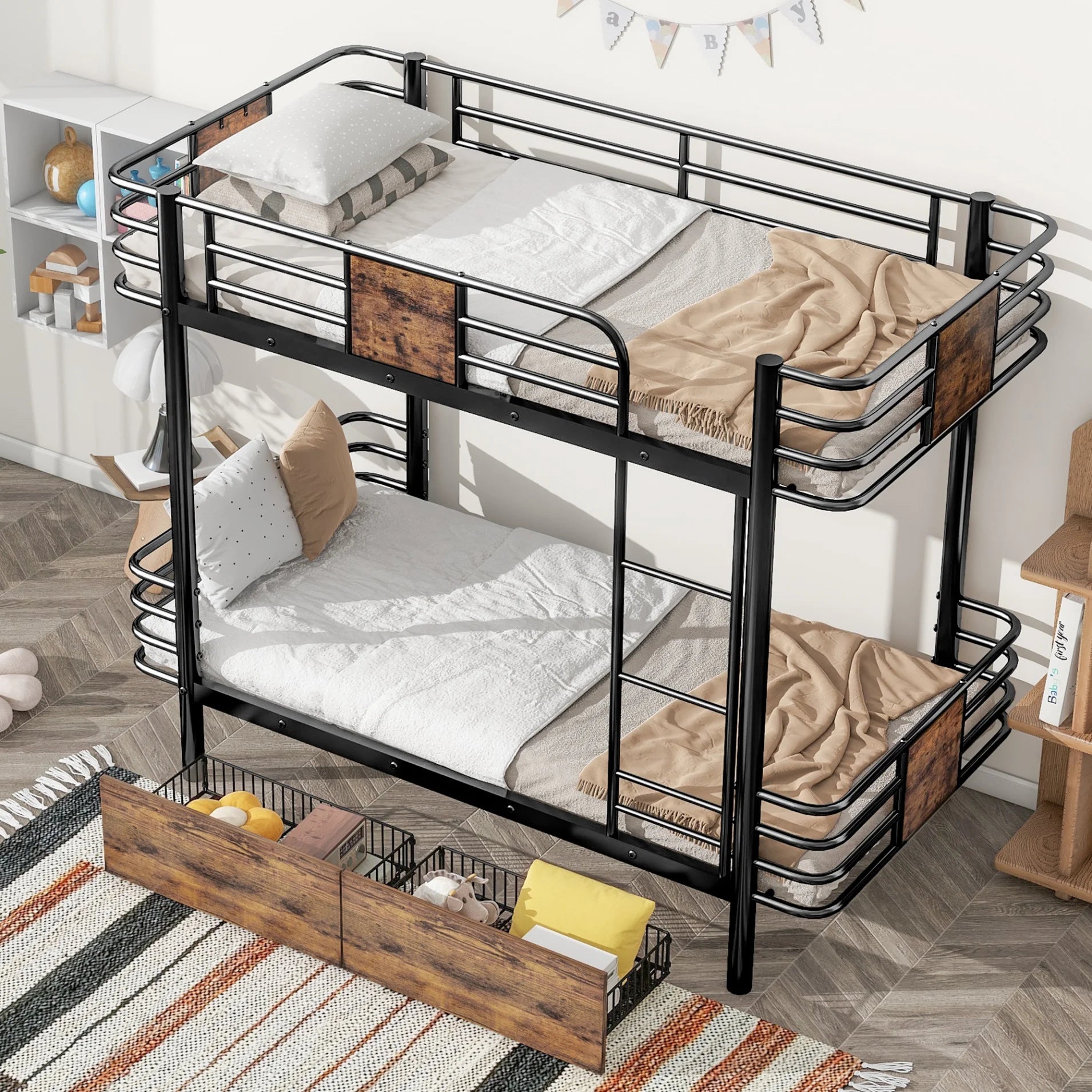 Metal Bunk Bed Twin XL Over Twin XL, Metal Bunk Bed with 2 Storage Drawers and MDF Board Guardrail, Bunk Bed for Kids Boys Girls Teens, Black