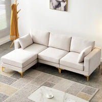 L-shaped Sectional Sofa with Removable Ottoman Footrest and Metal Legs, 92-Inch Free Combination Modular Sofa Couch with Soft Backrest & Armrest & Thick Seats Cushion for Living Room, Beige