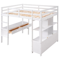 Multifunctional Loft Bed with Built-in Desk and 2 Drawers,Full Size Loft Bed Frame with Storage Shelves and Drawers,Solid Wood Bed Frame with Ladder and Guardrail for Kids Teens Adults,White