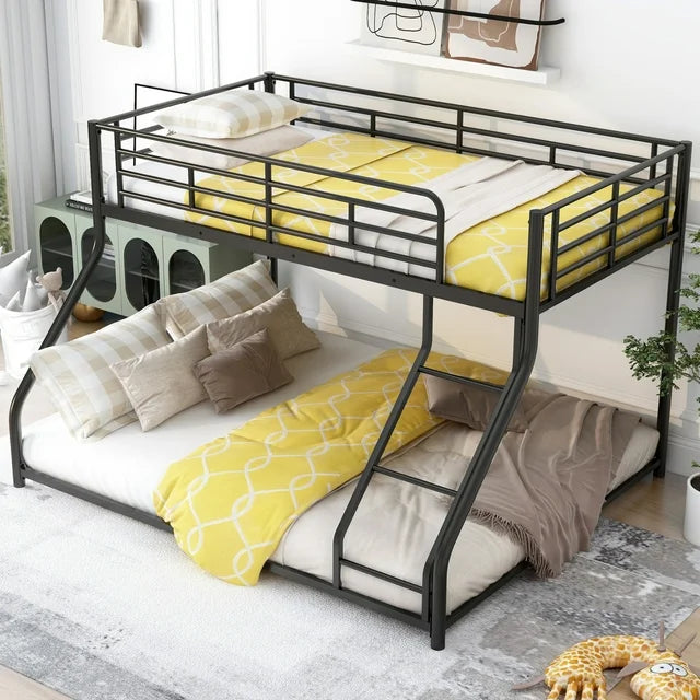 Twin XL Over Queen Bunk Bed with Ladders, Heavy-Duty Metal Bunk Bed Twin XL Over Queen Size for Kids Boys Girls Teens Adults, Modern Style Queen Size Bunk Bed, Black