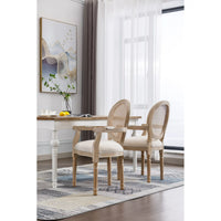 French Country Dining Chairs Set of 2,Solid Wood Frame Antique Painting Linen Fabric Accent Chair,Tufted Upholstered Rattan Back Vanity Chair Armchair