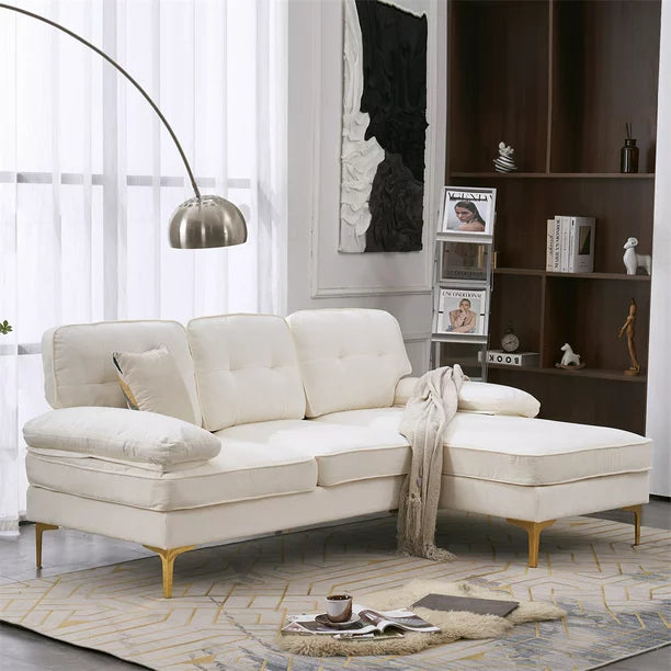 Convertible Sectional Sofa with Reversible Chaise, L-Shaped 3-Seater Sofa Couch with Metal Legs and Two Pillows, Modern Chenille Upholstered Corner Sectional Sofa for Living Room Apartment, Beige