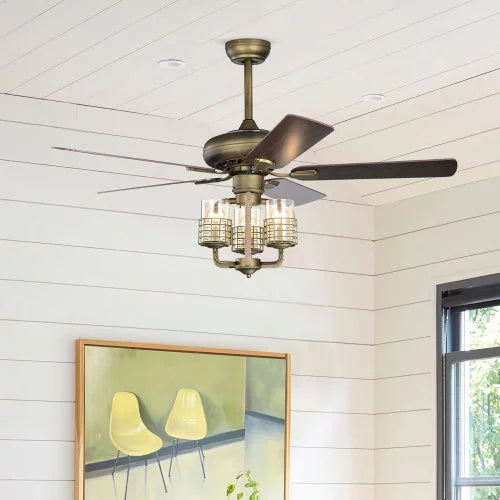 Ceiling Fan, Quiet Ecological Chandelier Fan with 5 Wood Blades 3 Light Kit and Remote Control, Quiet Ecological Chandelier Fan, Reversible Airflow-Bronze Metal Finish