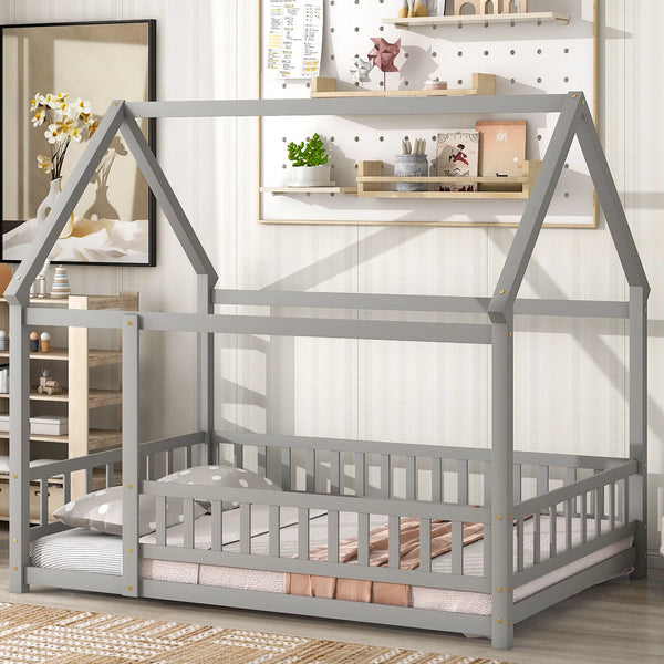 Full Size Floor Bed with Fence Guardrails for Kids, Montessori Bed Playhouse Bed with Roof, Full Platform Bed Frame for Boys and Girls, No Slats Included (Gray, Full Size)