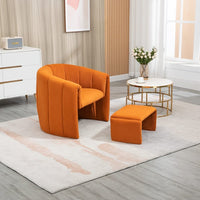 Modern Velvet Accent Chair with Ottoman, Upholstered Armchair with Wooden Frame, Single Leisure Barrel Chair for Living Room, Bedroom, Dorm, Orange