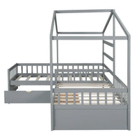 Twin Size L-Shaped Wood House Platform Bed with Storage Drawers, Wooden Double Beds Kids Montessori House Bed with Fence & Roof, Wood Tent Cabin Beds Frame for Girls Boys Teens, (Gray-L-Shaped)
