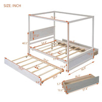 Full Size Canopy Bed with Trundle Bed and 2 Drawers, Wood Full Platform Bed with Headboard, Footboard and Slat Support, Modern 4 Poster Panel Bed, No Box Spring Needed, Brushed White