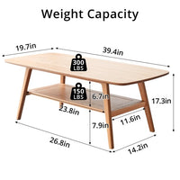 Coffee Table, Natural Oak Wood Coffee Table with Storage Shelf and Open Tabletop, 2-Tier Coffee Table Farmhouse Coffee Table for Living Room, Easy Assembly, 39.37" D x 19.69" W x 17.32" H, Natural