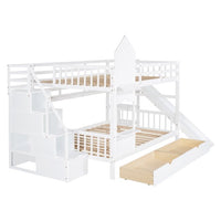 Full Over Full Bunk Bed for Kids, Castle Style Full Bunk Beds with Slide, 2 Drawers and 3 Shelves, Solid Wood Bunk Bed with High Full-Length Guardrail and Staircase for Kids Girls and Boys, Gray