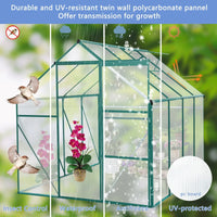6 x 8FT Large Greenhouses for Outdoors, 8mm Thick Polycarbonate Heavy Duty Aluminum Green House Kit with Adjustable Roof Vent, Rain Gutter and Sliding Door for Backyard, Garden, Green