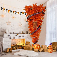 7.5ft Upside Down Artificial Christmas Tree, Orange Halloween Tree with 1200 Lush Branch Tips and 300 LED Lights, Faux-Pine Christmas Tree Inverted Christmas Tree for Xmas Holiday Home Decorations