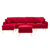 U-Shaped Sectional Sofa Couches with Movable Ottoman, Upholstered Accent Sofa Futon Sleeper Sofa with Extra Wide Double Chaise, 114.42'' Modular Sofa with 2 Pillows & Golden Metal Legs, Teal Red