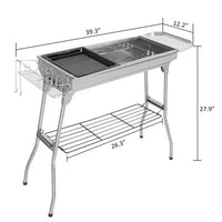 Portable Charcoal Grill Stainless Steel Foldable Cooking Kabob Barbecue Grill with Storage Shelf and Enameled Grill Pan, Outdoor BBQ Grill for Camping Hiking Picnics Beach Party(39.37x12.2x27.95inch)
