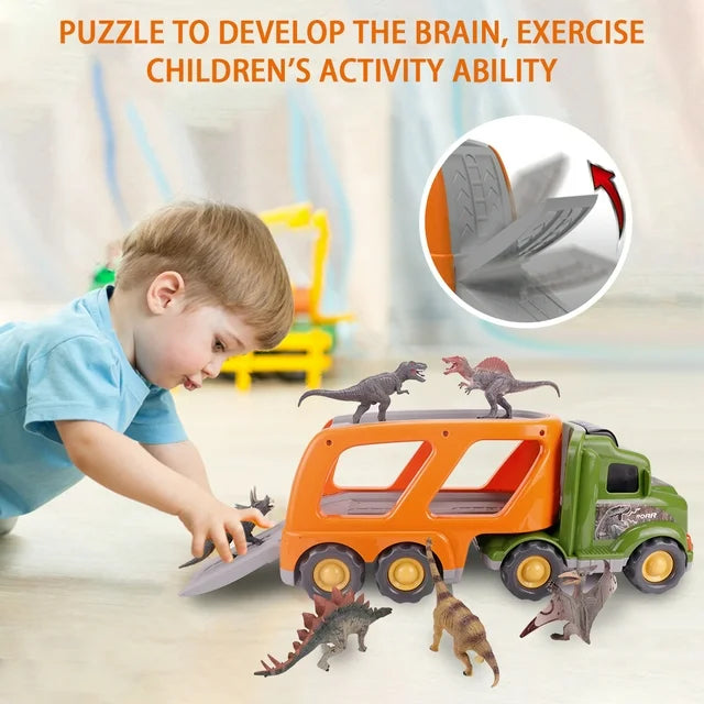 Car Truck Toys, Car Transport Truck with T-Rex, Pterodactyl, Brachiosaurus, Educational Dinosaur Kids Toys Set for Kids Boys Girls, Christmas Gifts, Festival Birthday Gifts, 17 Inch Long