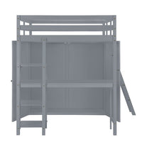 Full Size Loft Bed with Desk and Wardrobe, Solid Wood Loft Bed Frame with Inclined Ladder and Full-Length Guardrail, Loft Bed with Desk and Storage for Kids Teens Girls Boys Bedroom Dorm, Gray