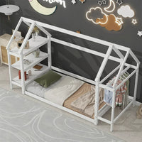 Twin Size Floor Bed for Children, Wooden Montessori Bed Frame with 2 Detachable Stands and Roof Frame, House-Shaped Bed Low Tent Bed for Girls Boys and Teens, White