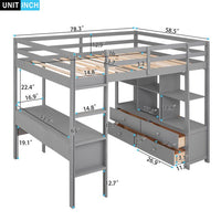 Loft Bed With Desk, 6 Drawers and Storage Shelves, Solid Wood Full Size Loft Bed Frame with Full-Length Guardrails and Ladder, Multifunctional Loft Bed, Space-Saving Design, No Box Spring Needed, Gray