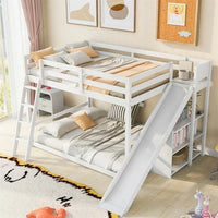 Full over Full Bunk Bed, Wood Bunk Bed with Ladder and Slide for Kids Teens Boys Girls, Space Saving Multifunctional Storage Bed Frame with 3-Story Shelves for Bedroom, No Box Spring Needed, White