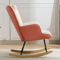 Cotton Linen Fabric Nursery Rocking Armchair with Head Pillow, Houndstooth Glider Rocker with Solid Wood Base for Living Room, Bedroom, Baby Room, Pink