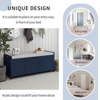 43.5''Storage Bench, Shoe Bench with 3 Shutter-shaped Doors, Rustic Entryway Bench with Removable Cushion and Hidden Storage Space, Antique Navy