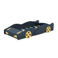 Twin Size Race Car-Shaped Platform Bed for Kids, Solid Wood Platform Bed Frame with Wheels and Storage, Sturdy Car Bed with Full-Length Guardrails for Kids Boys and Girls, Space Saving Design, Blue