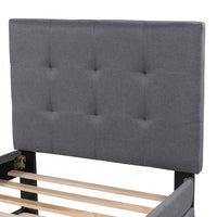 Upholstered Twin Size Linen Platform Bed with Headboard and Pull out Trundle, Bedroom Bedframe with Solid Wood Slats & Center Legs,For Kids Teens Adults,No Box Spring Required