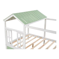 Full Size House Bed with Drawer, Montessori Playhouse Bed with Roof and Window, Solid Wood Bed Frame for Kids Teens Boys Girls Bedroom, Green