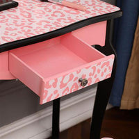 Kids Wooden Vanity Table and Stool Set - Make-up Vanity Station with Detachable Three-Fold Mirror and Single Drawer - Children's Dressing Table and Chair with Arc Foot Design - Red Leopard Print