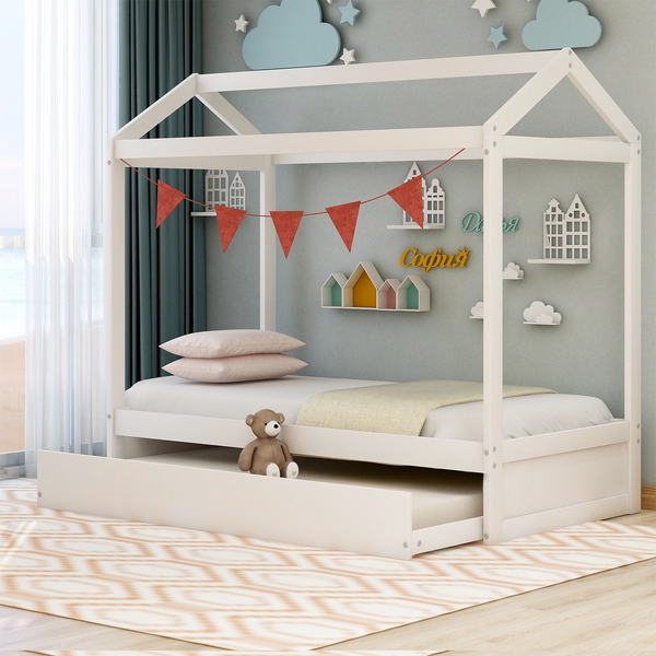 Kids Bed With Trundle, Farm House Bedroom Decor Furniture Kids Bedding Sets For Boys Girls, White 77.9"l X 41.5"w X 68.6"h