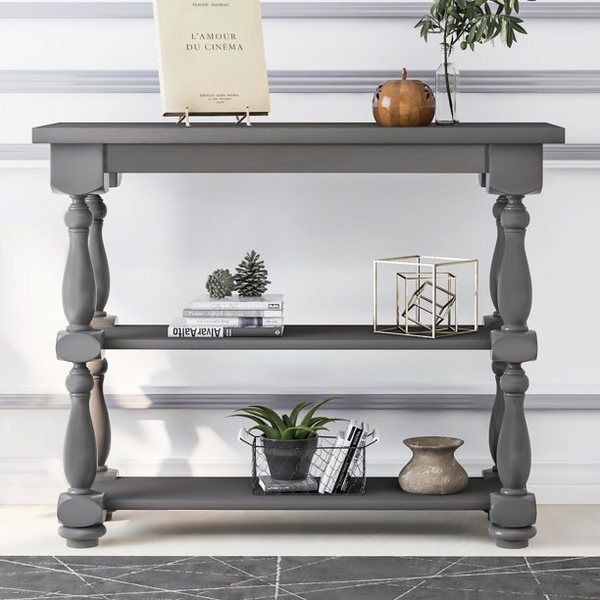39.4'' Vintage Console Table with 3-Tier Open Storage Shelves, Vintage Carved Sideboard, Sofa Table Entryway Table for Hallway Living Room Bedroom, Grey