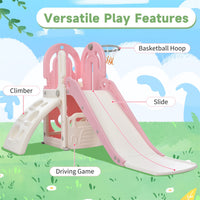 4 in 1 Toddler Slide and Swing Set, Kids Playground Climber Slide Playset with Basketball Hoop and Bus Steering Play Freestanding Combination, Indoor & Outdoor Toys for Kids Teens Boys Girls, Pink