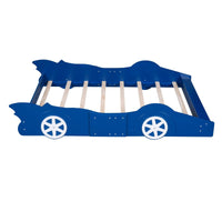 Full Size Race Car-Shaped Platform Bed for Kids, Solid Wood Bed Frame with Safety Rails and Wheels, Modern Low Bed with Sturdy Slats Support for Boys and Girls, No Box Spring Needed, Blue