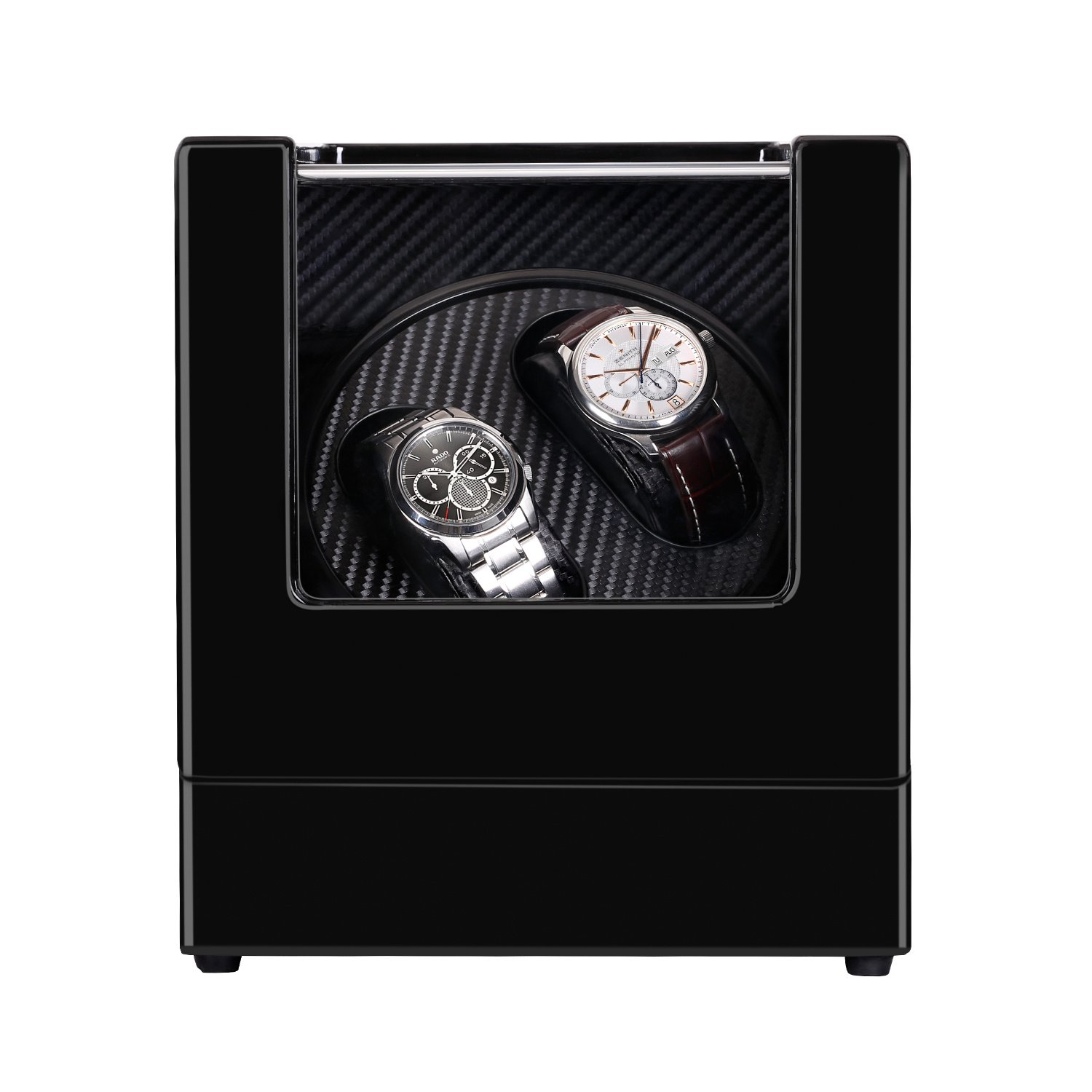 Double Watch Winder, Luxury Mechanical Watch Storage Case, Wood Shell Piano Self Winding Watch Rotator Box- Battery Powered or AC Adapter with Japanese Quiet Motor, Black