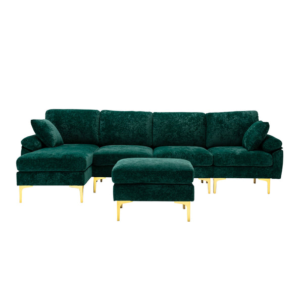 U-Shaped Sectional Sofa Couches with Movable Ottoman, Upholstered Accent Sofa Futon Sleeper Sofa with Extra Wide Double Chaise, 114.42'' Modular Sofa with 2 Pillows & Golden Metal Legs, Emerald