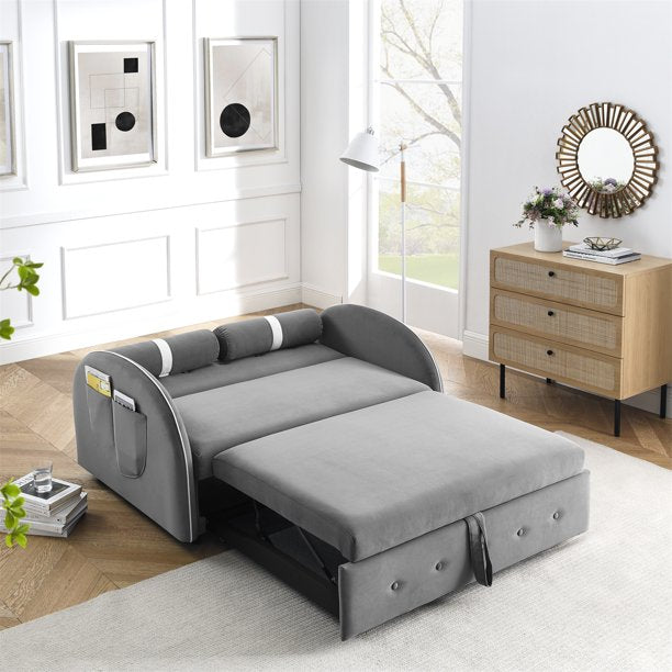 Pull Out Sleep Sofa Bed, Modern Loveseats Sofa Couch with 2 Side Pockets & 2 Lumbar Pillows, 55.5
