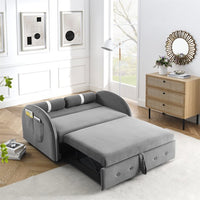 Pull Out Sleep Sofa Bed, Modern Loveseats Sofa Couch with 2 Side Pockets & 2 Lumbar Pillows, 55.5"W Velvet Upholstered 2-Seat Sofa Couch with Adjustable Backrest for Apartment Living Room, Grey