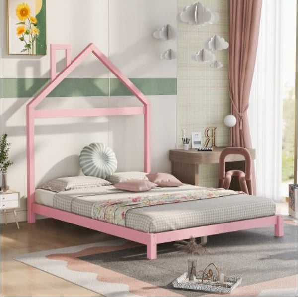 Full Size Platform Bed Frame for Kids, Low Floor Wood Bed with House-Shaped Headboard and Solid Wood Slats, Platform Bed Frame for Girls Boys Bedroom, No Box Spring Needed, Pink
