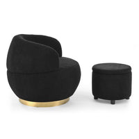 Swivel Barrel Chair with Storage Ottoman, Modern Teddy Fabric Upholstered Accent Chair with Gold Stainless Steel Base and Footrest, Comfy Single Sofa Chair for Living Room Bedroom, Black
