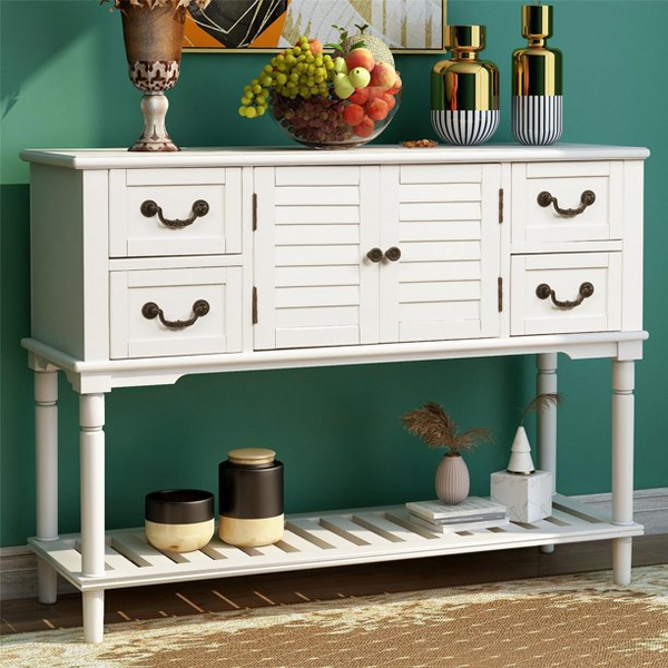 Modern Console Table, Sofa Table with 4 Storage Drawers, Shelf Shutter Door, Cabinet, Wood Buffet Sideboard for Living Room Hallway Entryway Bedroom Kitchen, 43.5 x 15 x 34.3 Inches White