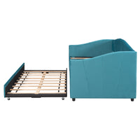 Twin Size Daybed Frame with Trundle Bed, Velvet Upholstered Dual-use Sofa Bed Frame with Slats Support, Wooden Living Room Bedroom Bed Frame for Teens Adults, No Box Spring Needed, Blue