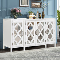 Accent Storage Cabinet, Modern Mirrored Console Table with 4 Cabinets and 3 Adjustable Shelves Buffet Sideboard Storage Cabinet for Entryway Kitchen Dining Room, Easy Assembly, White