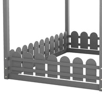 Full Size House-shaped Floor Bed, Wooden Platform Bed Frame with Roof and Fence-shaped Guardrails, Low Kids Bed for Boys Girls Bedroom, Easy Assembly, Slats Not Included, Gray