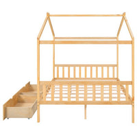 Full Size House Platform Bed Frame with Two Drawers, Wood House Bed Frame with Headboard and Footboard, House Cabin Bed Frame for Kids Toddlers Boys Girls, No Need Spring Box, Natural