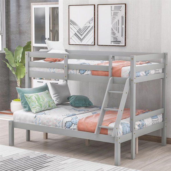 Twin Over Full Bunk Bed, Pine Wood Kids Heavy Duty Bed Frame with Safety Guardrails and Ladder for Boys, Girls, Adults, Convertible to 2 Platform Beds, No Box Spring Needed, Gray
