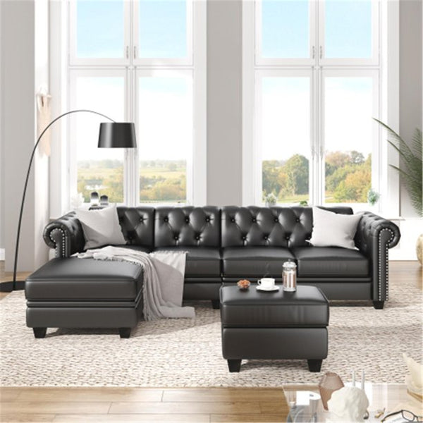 116" Sectional Sofa Set, PU Leather 4-Seat Sofa Set, L-Shape Couch in Home, Sofa with Storage Ottoman and Nailheaded, Black