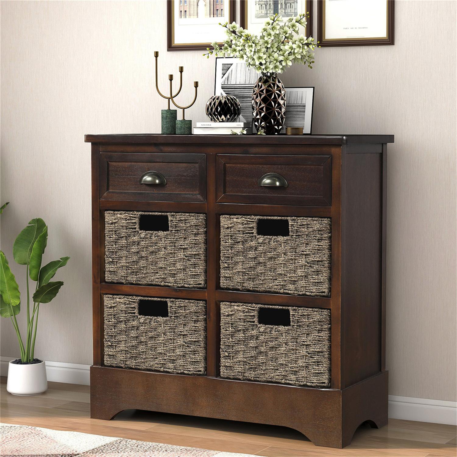 Storage Chest with 2 Drawers and 4 Rattan Baskets, Wood Accent Cabinet Hallway Side Table farmhouse cabinet for Kitchen Living Room, Dining Room, Entryway(Espresso)