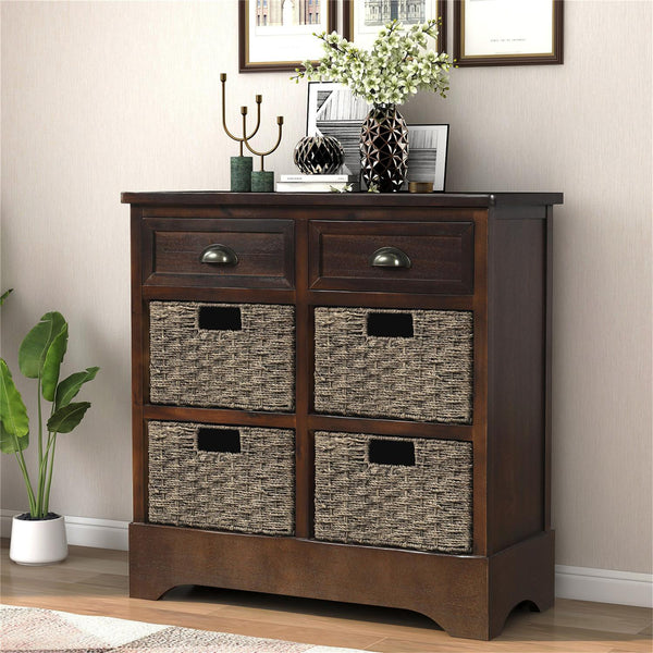 Storage Chest with 2 Drawers and 4 Rattan Baskets, Wood Accent Cabinet Hallway Side Table farmhouse cabinet for Kitchen Living Room, Dining Room, Entryway(Espresso)