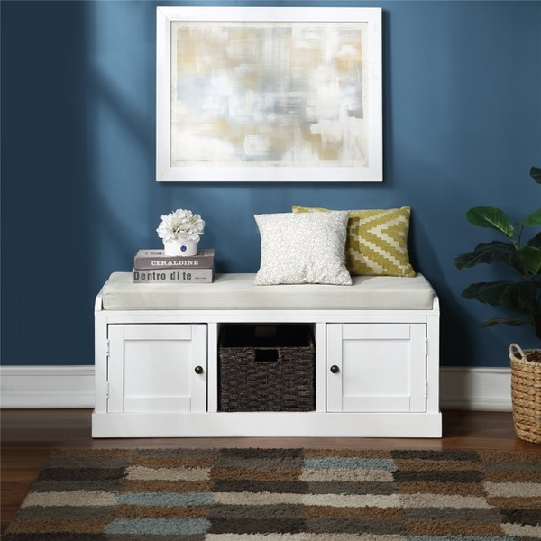 Storage Bench with 1 Removable Basket and 2 Cabinets, Shoe Bench Entryway Bench with Removable Cushion for Living Room, Entryway, Hallway, White