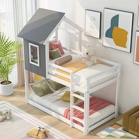 Twin Over Twin Low Bunk Bed, Wood House Bunk Bed Frame with Ladder, Guardrail and Roofs Floor Bunk Bed for Kids, Teens, Girls, Boys, White